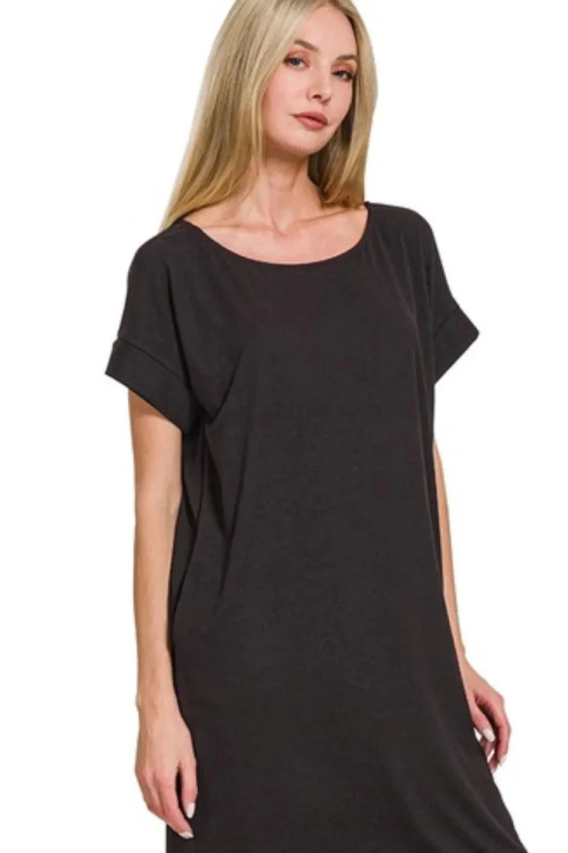 Zenana Rolled Short Sleeve Round Neck Dress for Women