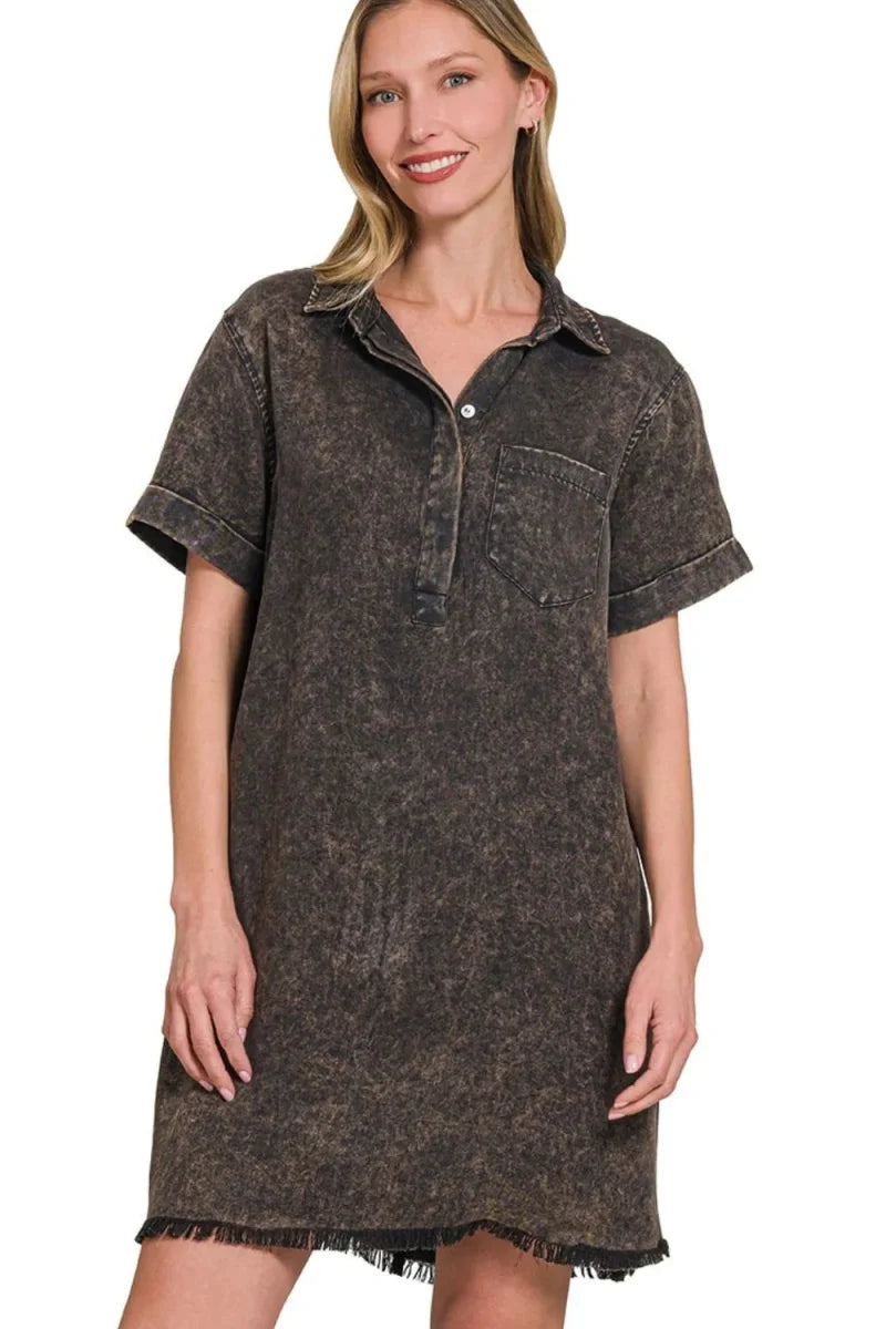 Zenana Tencel Mineral Washed Collared Shirt Dress for Women