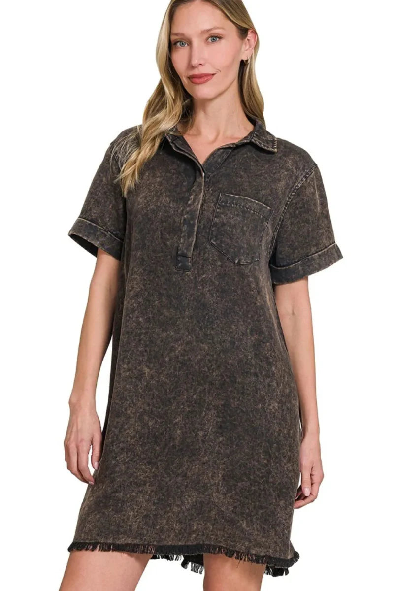 Zenana Tencel Mineral Washed Collared Shirt Dress for Women