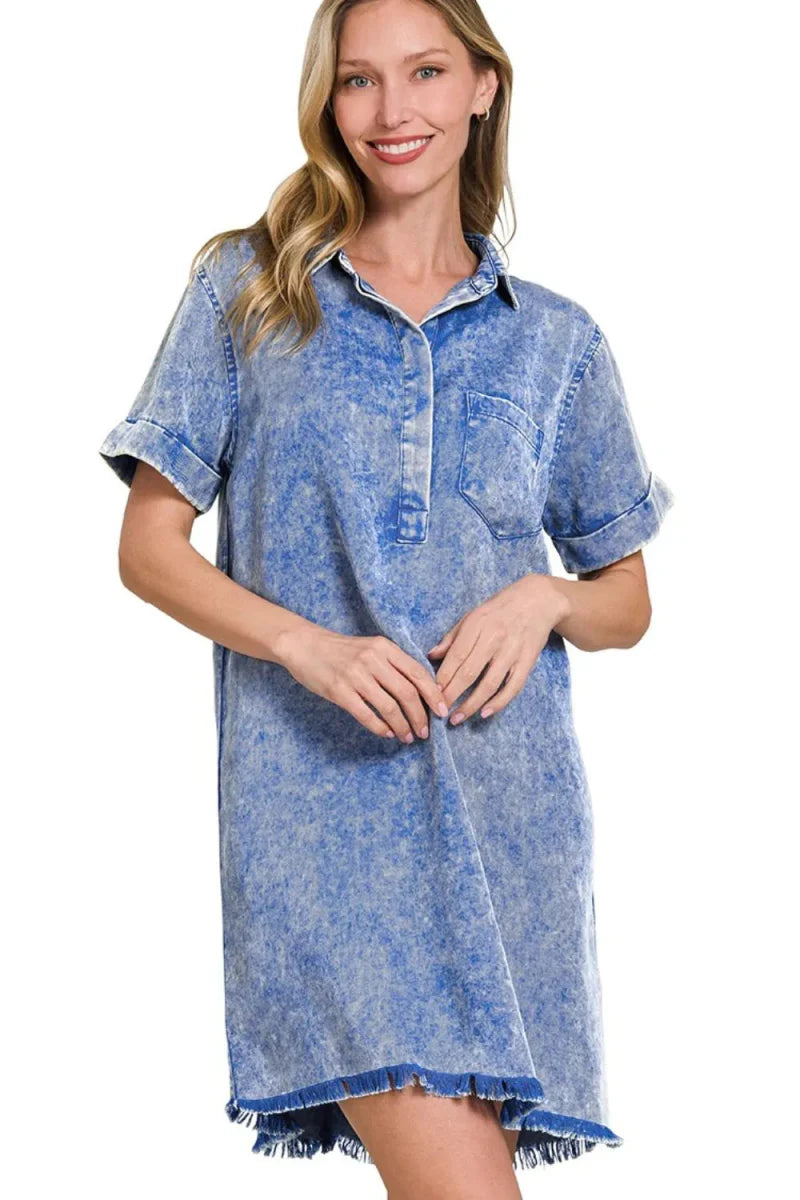 Zenana Tencel Mineral Washed Collared Shirt Dress For Women