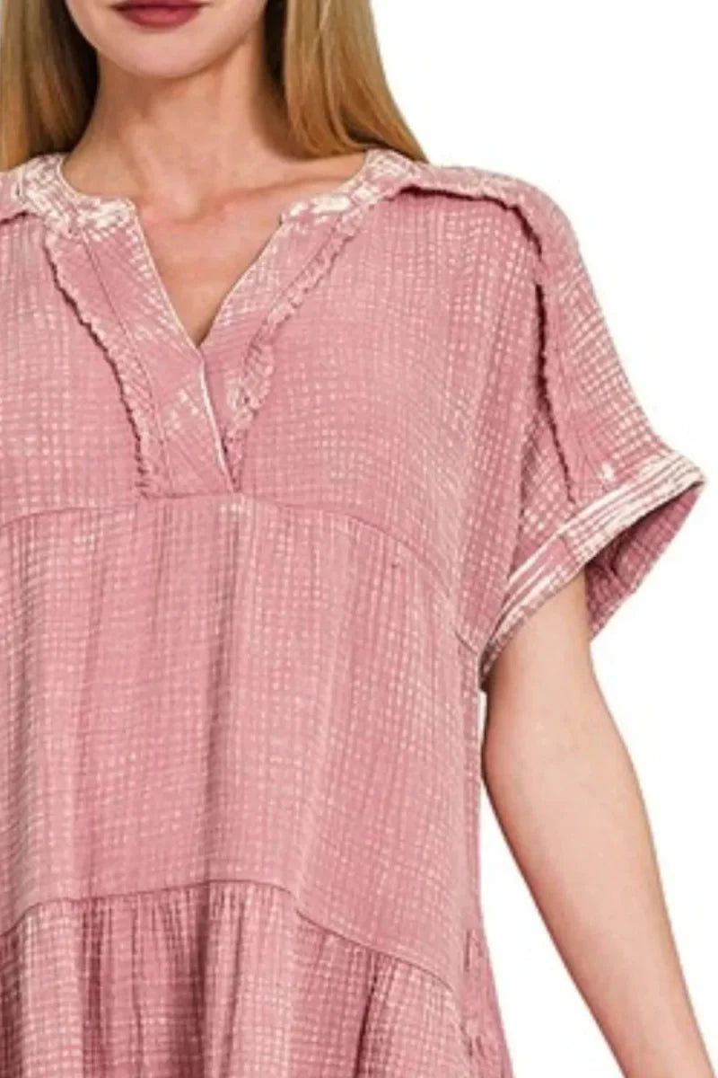 Zenana Washed Double Gauze Raw Edge V-Neck Dress for Summer
