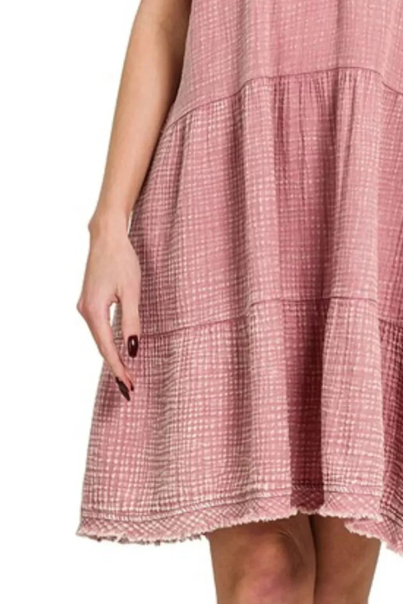 Zenana Washed Double Gauze Raw Edge V-Neck Dress for Summer