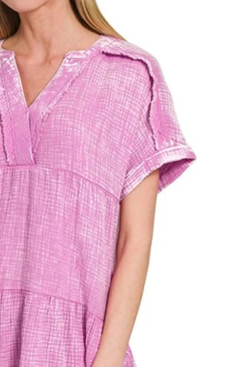 Zenana Washed Double Gauze Raw Edge V-neck Dress for Women