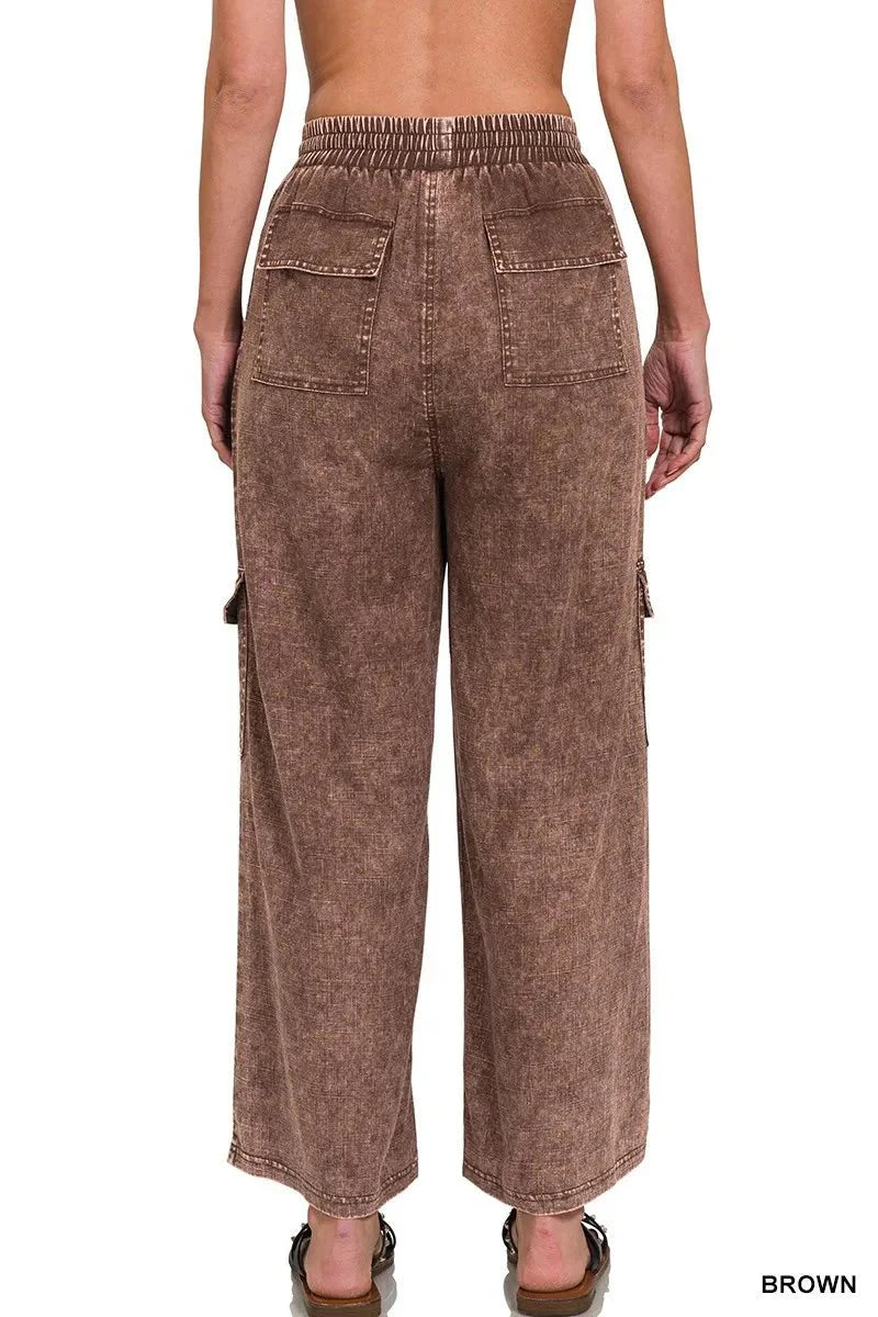 Zenana Washed Linen Elastic Band Waist Cargo Pants for Comfort