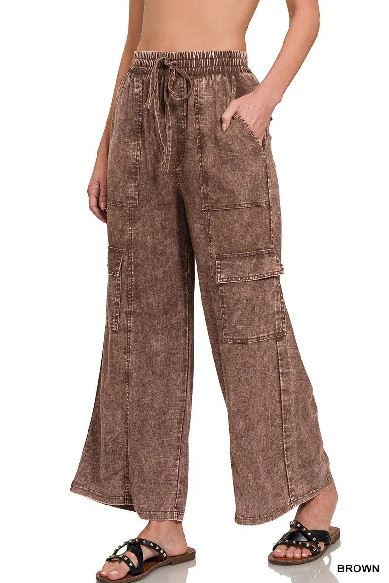 Zenana Washed Linen Elastic Band Waist Cargo Pants for Comfort