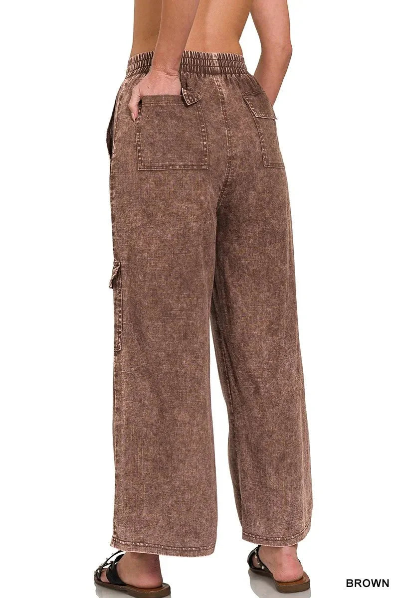 Zenana Washed Linen Elastic Band Waist Cargo Pants for Comfort