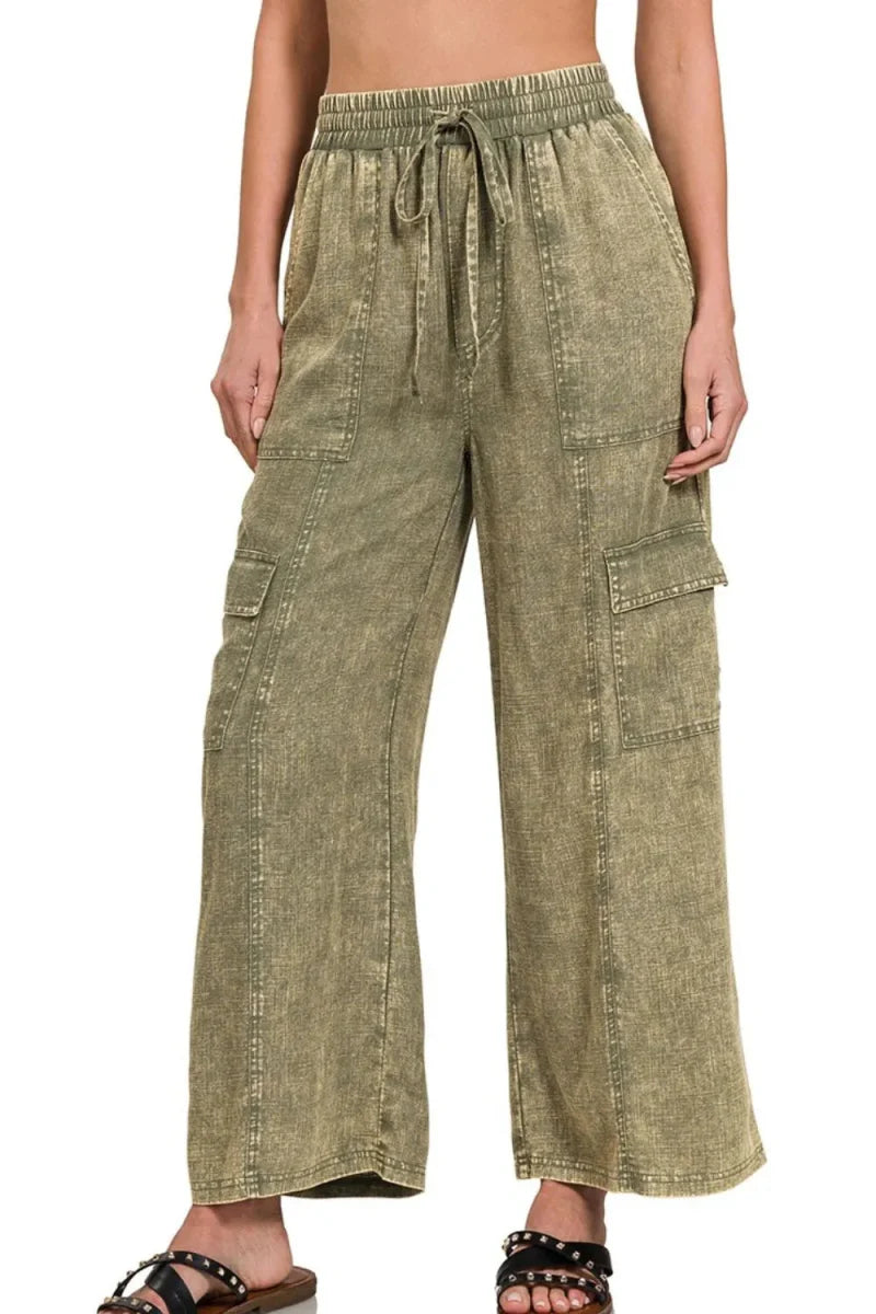 Zenana Washed Linen Elastic Band Waist Cargo Pants for Style