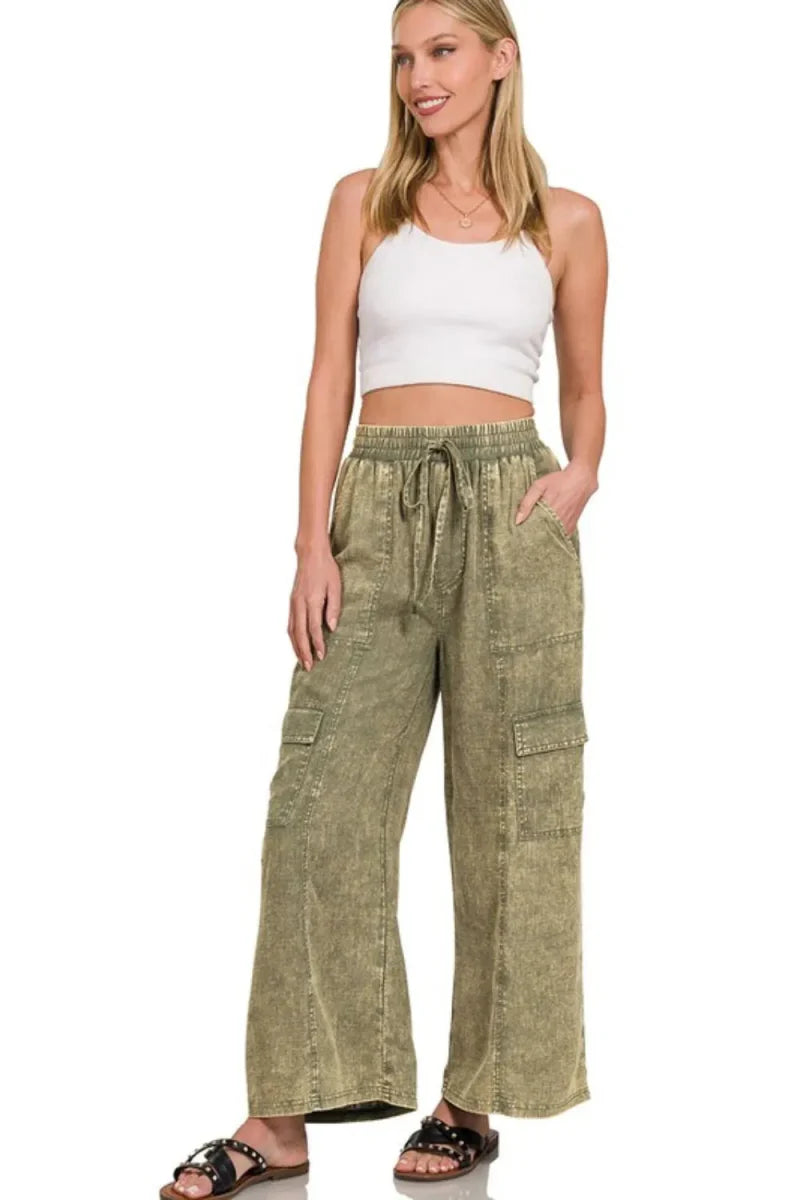 Zenana Washed Linen Elastic Band Waist Cargo Pants for Style