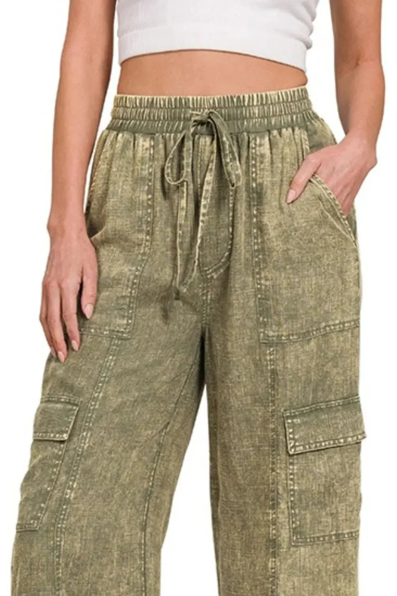 Zenana Washed Linen Elastic Band Waist Cargo Pants for Style