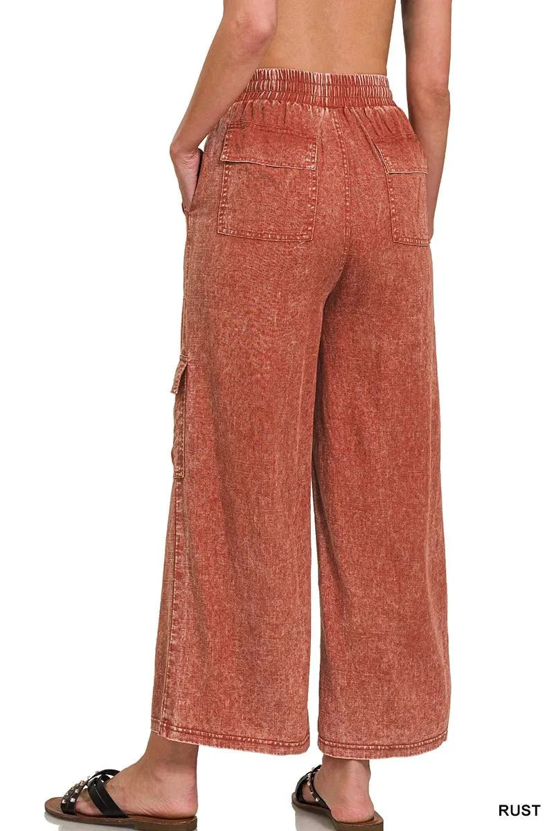 Zenana Washed Linen Elastic Band Waist Cargo Pants for Women