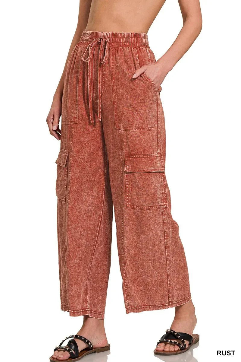 Zenana Washed Linen Elastic Band Waist Cargo Pants for Women
