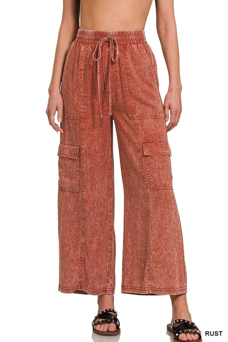 Zenana Washed Linen Elastic Band Waist Cargo Pants for Women