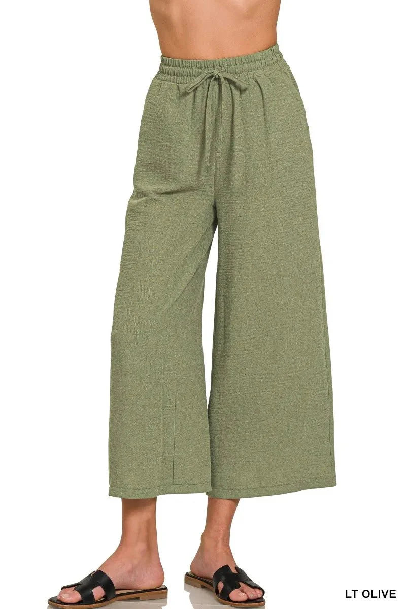 Zenana Woven Crepe Elastic Band Waist Cropped Pants for Women