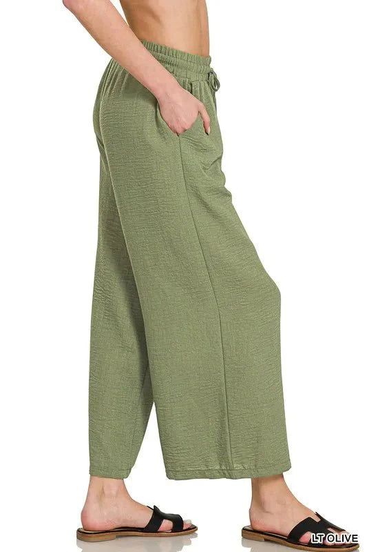 Zenana Woven Crepe Elastic Band Waist Cropped Pants for Women